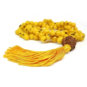Japamala Amarelo Alvorada 108 Contas Sementes de Açaí e Rudraksha